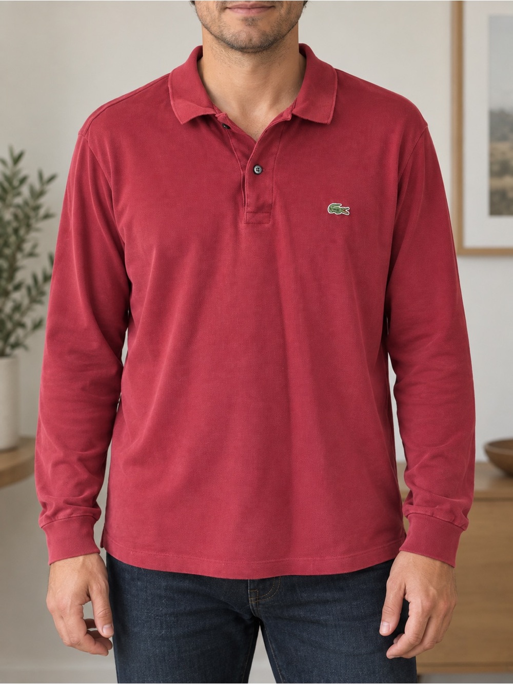 Lacoste Men's Classic Long Sleeve Polo - Red with Green Crocodile Logo